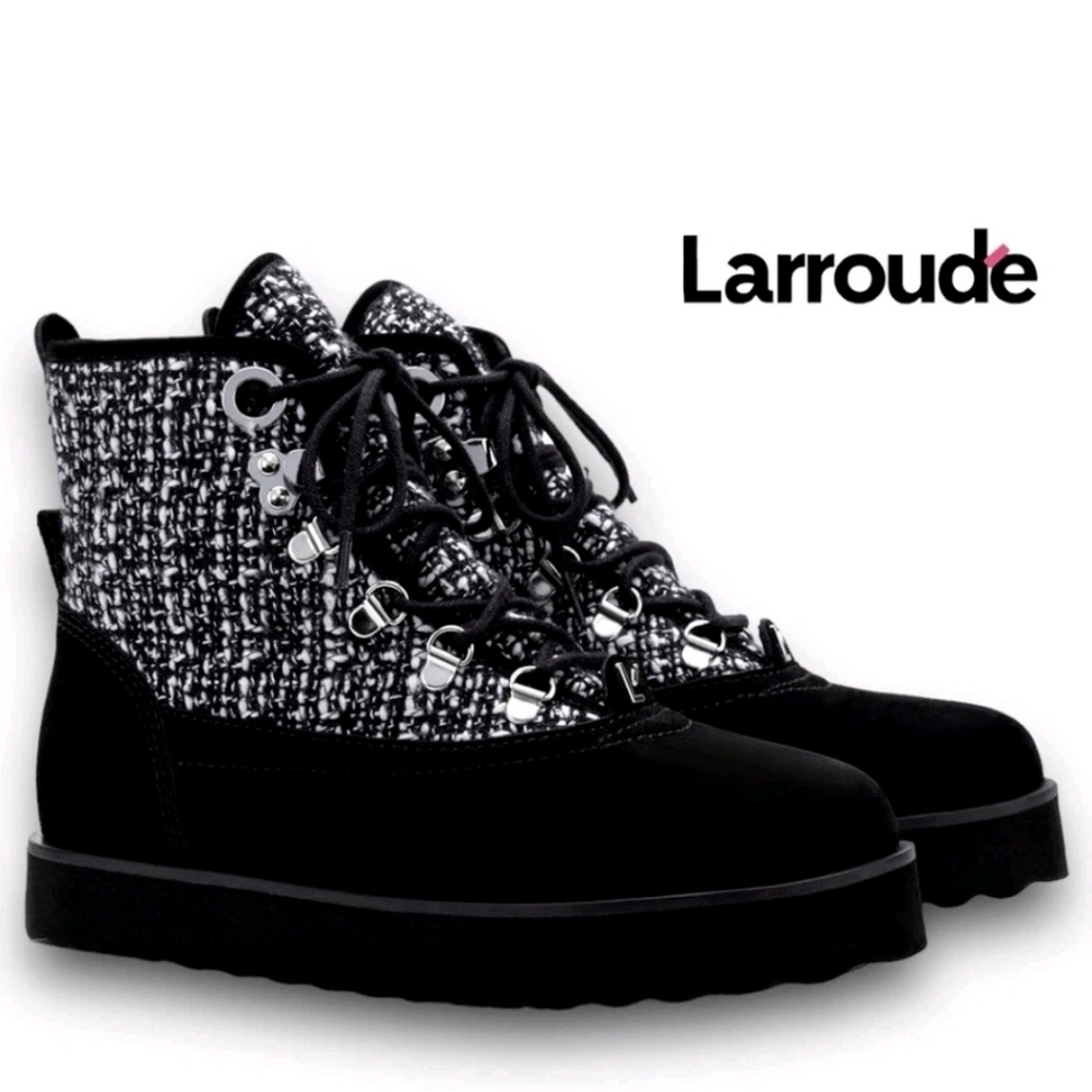 LARROUDE Vail Flat Lace up Boots Size 9 Black Suede Tweed NEW $415 NWOB